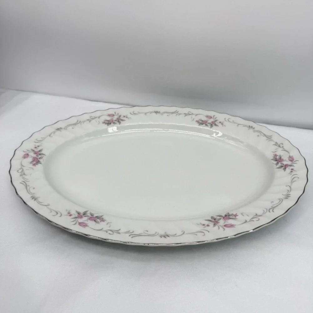 Gold Standard Heavy Platter Floral Pink Silver Trim Vintage Serving 14in w/ Box